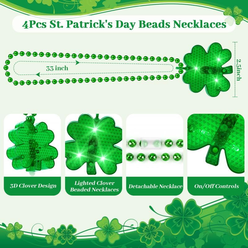 YAXINRUI 4pcs Light Up Shamrocks Beads Necklaces, St. Patrick's Day Accessories - Led Metallic Green Bead Clovers for Irish Party Favor Supplies