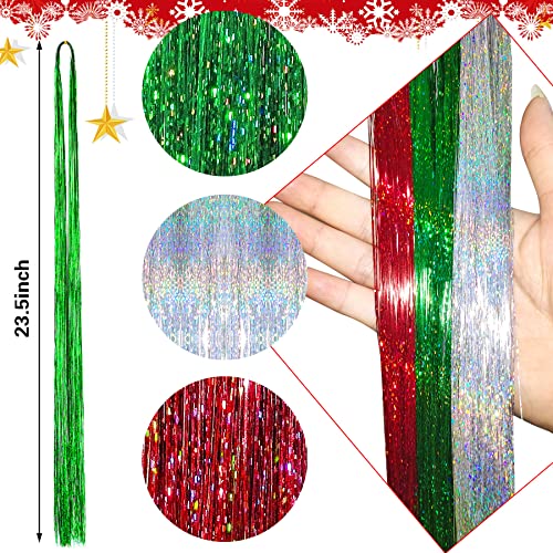 FEBSNOW 47 Inches Tinsel Hair Extension with Tool 2400 Strands 3 Colors Hair Extension Tinsel Kit Glitter Hair Extensions for Women Girls Hair Accessories for Christmas New Year Halloween Party