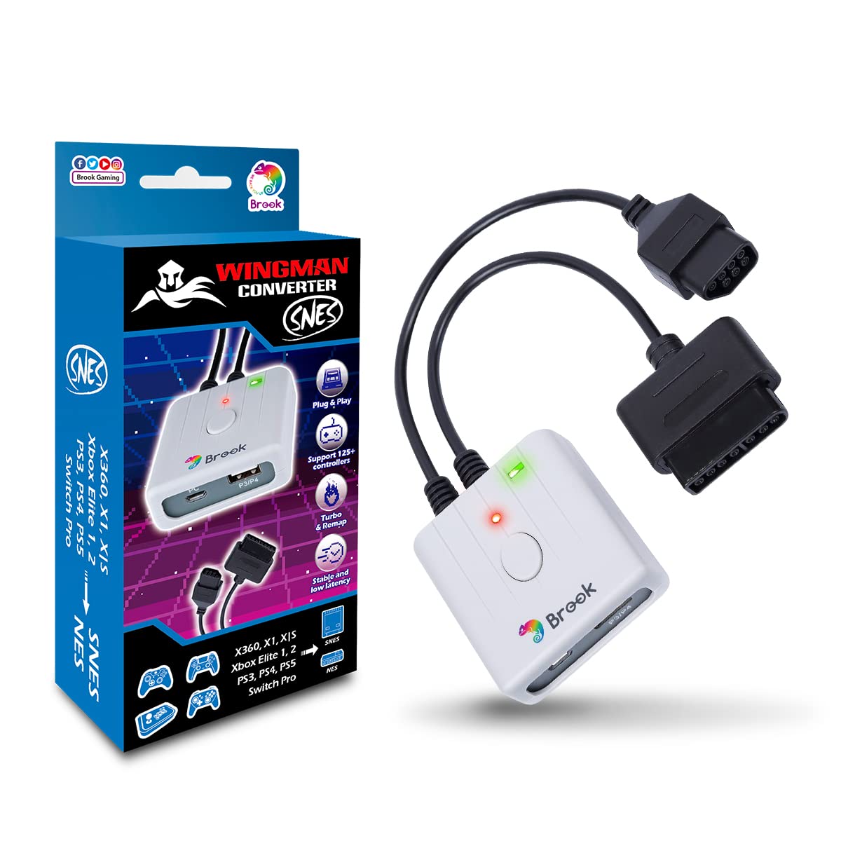 Brook Wingman SNES Converter - Retro Gaming Controllers Converter For XB Series X/S, One, 360/PS5/PS3/PS4 and Switch Pro controllers on NES, SNES, New FC, and SFC retro gaming consoles