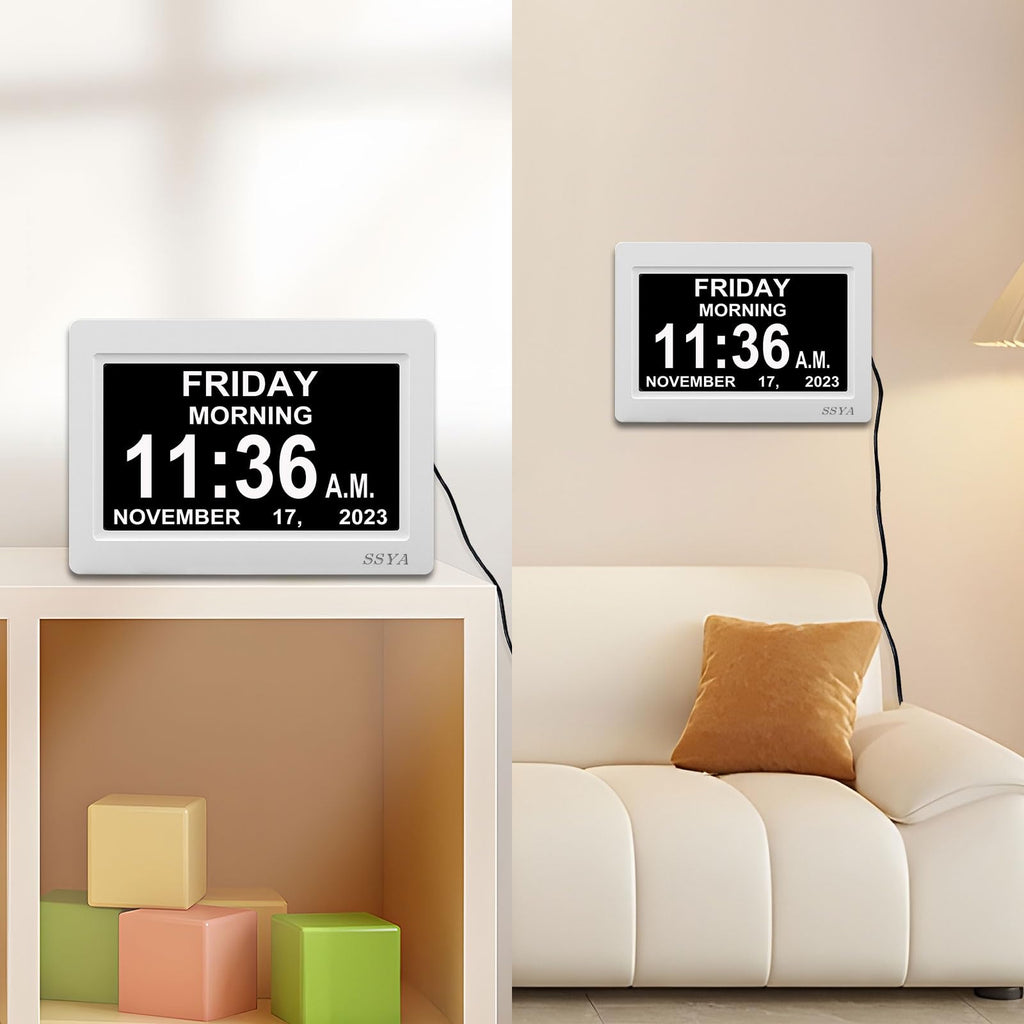 SSYA Digital Calendar Alarm Clock - Dementia Clocks for Vision Impaired, Elderly, Memory Loss Clock with Non-Abbreviated Clock with Date and Day (7 inch)