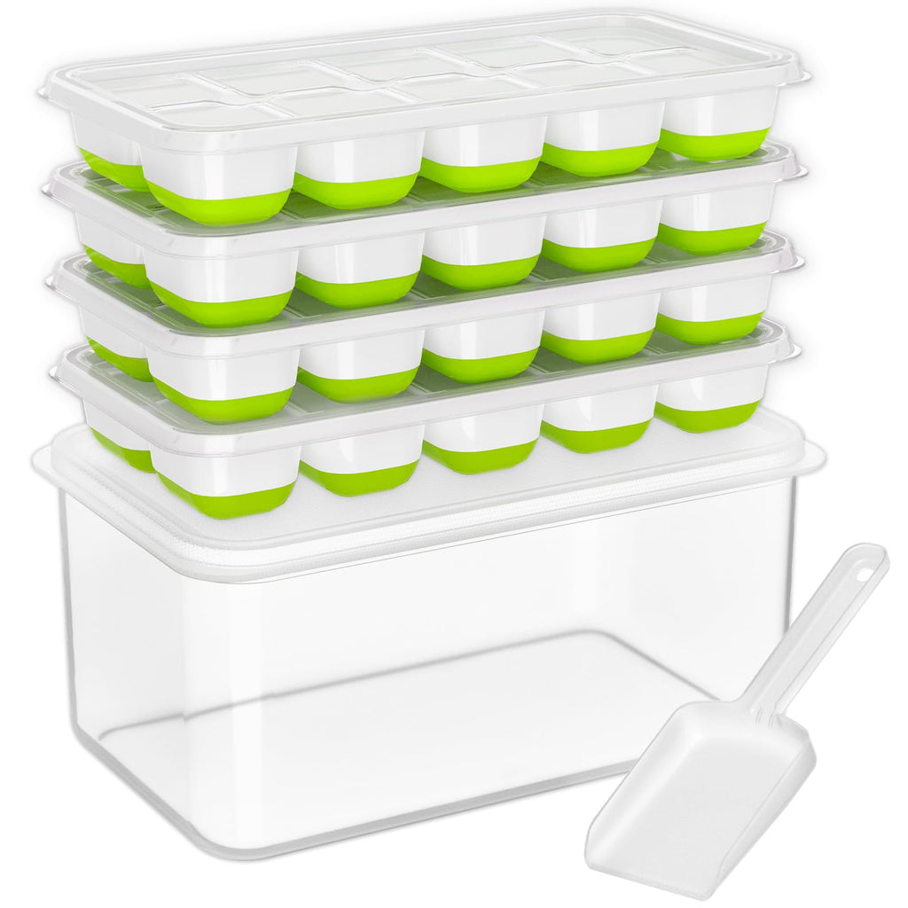 DOQAUS Ice Cube Tray with Lid and Bin, 4 Pack Silicone Plastic Ice Cube Trays for Freezer with Ice Box, Ice Trays with Ice Container, Stackable Ice Tray with Storage Ice Bucket Kits, Ice Scoop