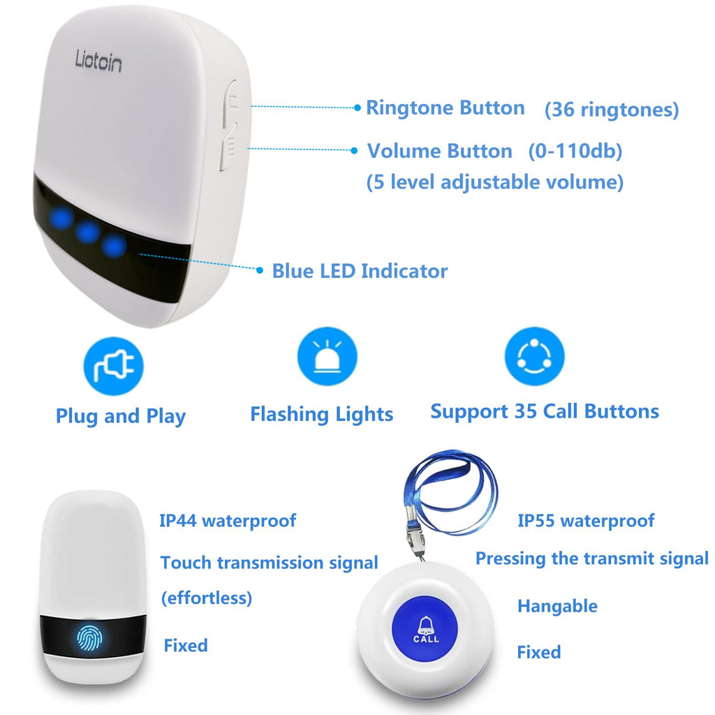 LIOTOIN Caregiver Pagers Wireless Call Button Call Bell Alert Button Personal Alarm Nurse Alert System for Home/Elderly/Patient/Disabled 2 Transmitter 2 Plug-in Receiver (600+ft Operating Range)…