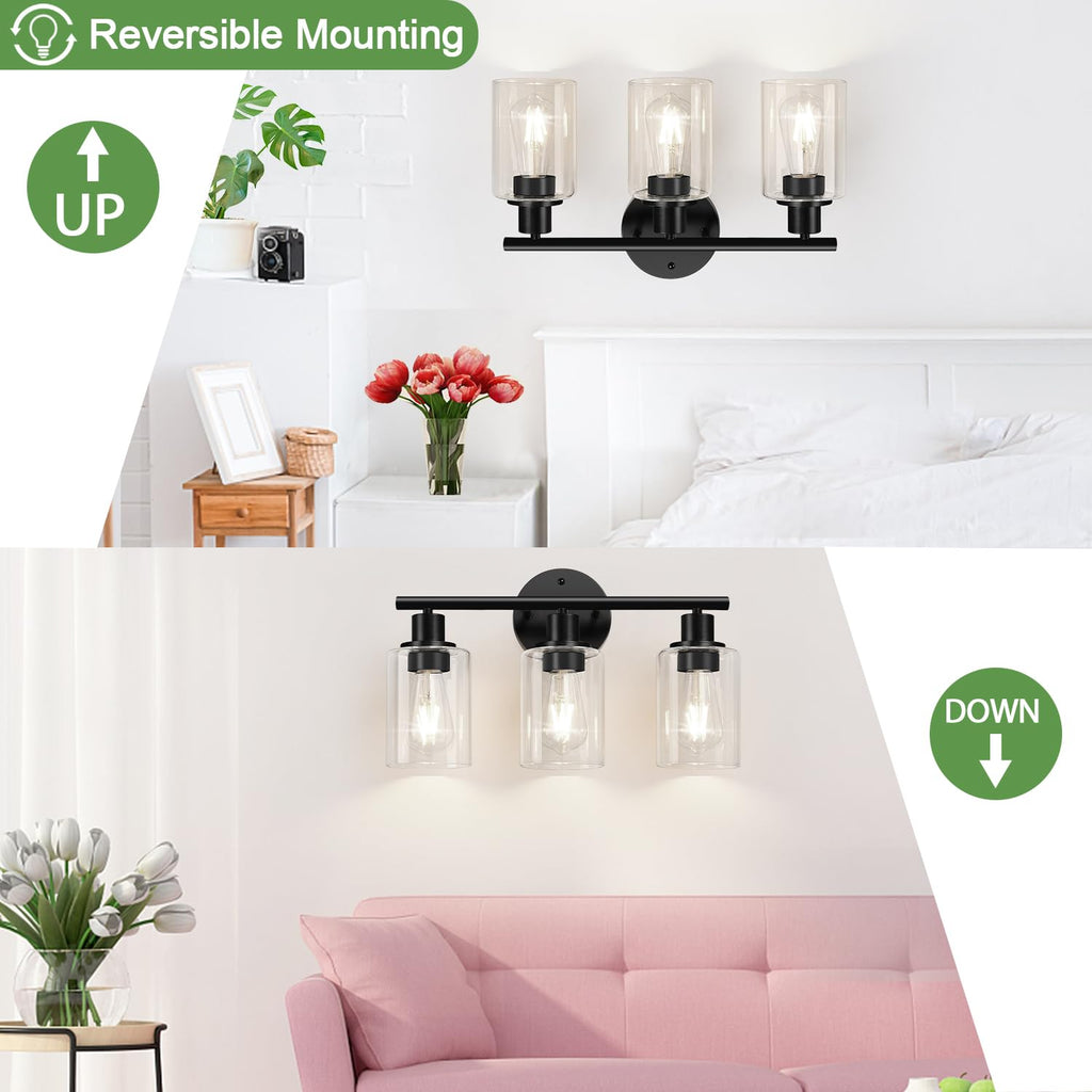 Zarbitta 3-Light Bathroom Light Fixtures, 17.23" Black Modern Vanity Lights with Clear Glass Shade, Bathroom Wall Lamp for Mirror Kitchen Living Room Hallway Cabinet Porch