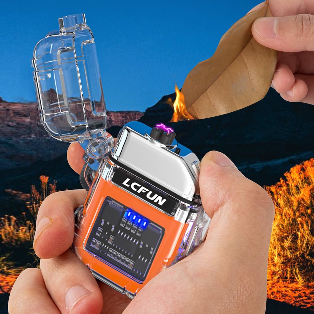 LcFun USB C Electric Lighter, Rechargeable Lighter, Windproof Plasma Lighters, Dual Arc Lighter with Battery Display & Flashlight, Waterproof Lighter for Camping, Survival, Hiking, Candle
