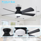 Depuley Modern Ceiling Fan with Light: 42-Inch Black Small Fans for Bedroom Indoor Outdoor - Dimmable Low Profile Ceiling Fans with Remote Control Flush Mount 5 Reversible Black Blades 6 Speeds Timer
