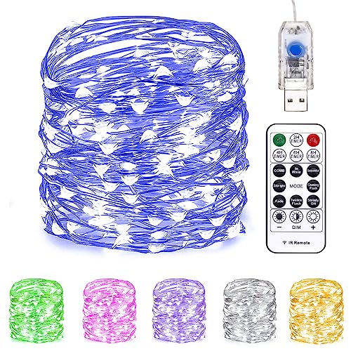 Fairy Lights 66 ft 200 LED USB Twinkle String Lights Plug in Silver Wire Lights with Remote and Timer 8 Modes Outdoor Waterproof Starry Lights DIY Party Wedding Christmas Decoration（Blue）