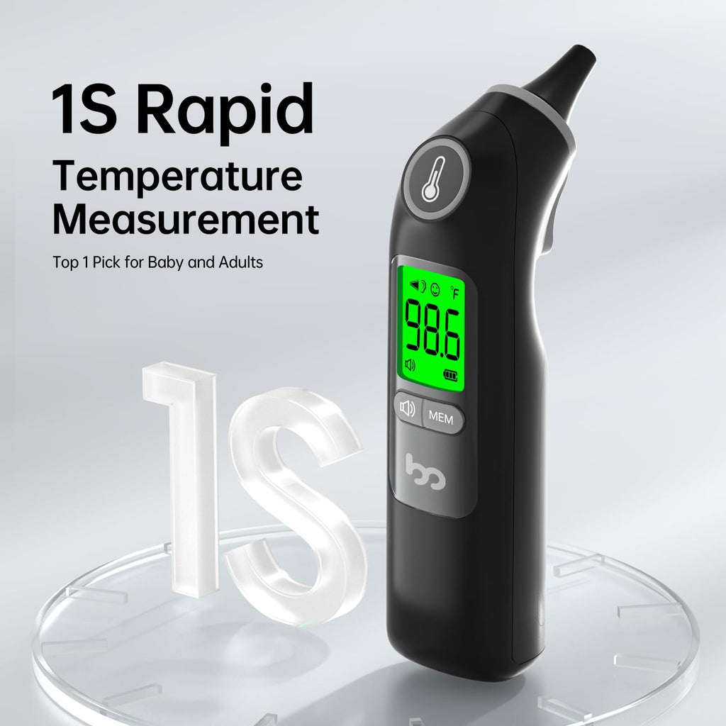 Femometer Family Ear Thermometer, Highly Accurate Ear Thermometer for Kids, Adults and Babies, 30 Memory Recall, 1s Result and 3-Color Fever Alert, with 24 Disposable Probe Covers, White