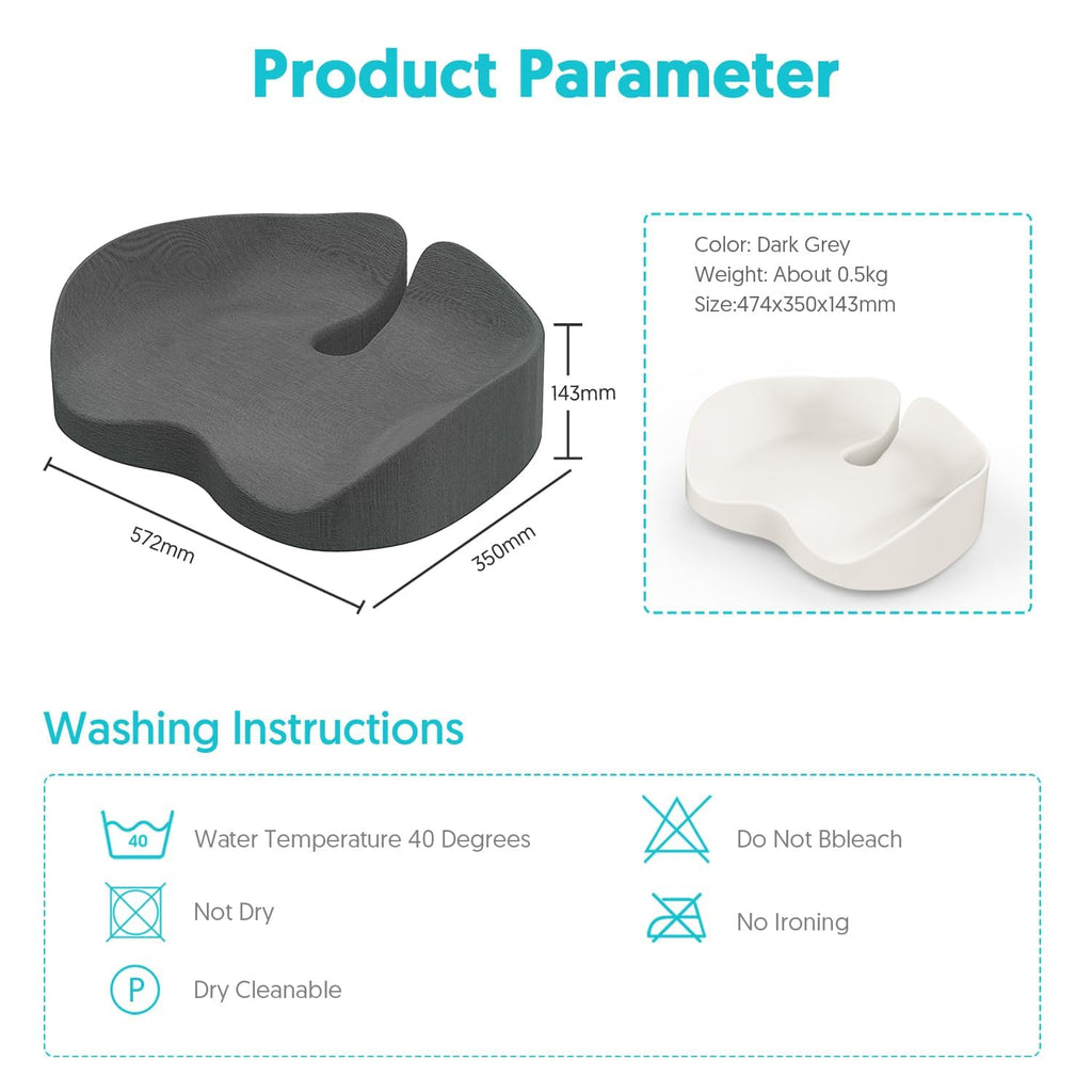 Seat Cushion for Office Chairs - Tailbone & Sciatica & Hip & Coccyx & Low Back Pain Relief Pillow - Memory Foam Pressure Relief Cushion for Long Sitting for Gaming, Compute, Desk Chair, Car Seat