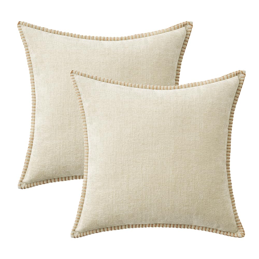MIULEE Pack of 2 Couch Throw Pillow Covers 18x18 Inch Cream White Farmhouse Decorative Pillow Covers with Stitched Edge Soft Chenille Solid Dyed Christmas Pillow Covers for Sofa Bed Living Room