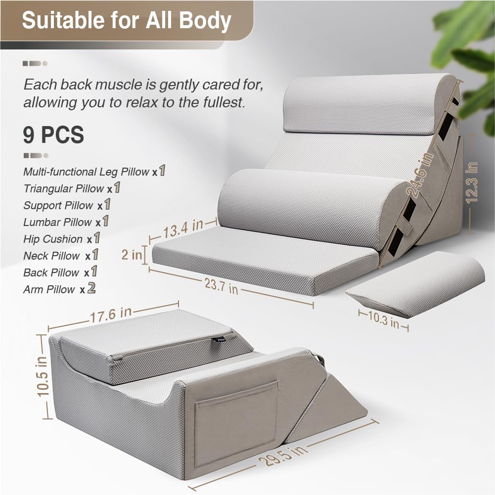 9-Piece Adjustable Orthopedic Wedge Pillow Set – Memory Foam Body Support for Back & Leg Comfort