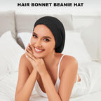 Silky Satin Lined Bonnet Sleep Cap Adjustable Strap Hair Wrap Slouchy Beanie Hat for Curly Hair Braids Night Caps for Women 2PCS(Black&Pink)
