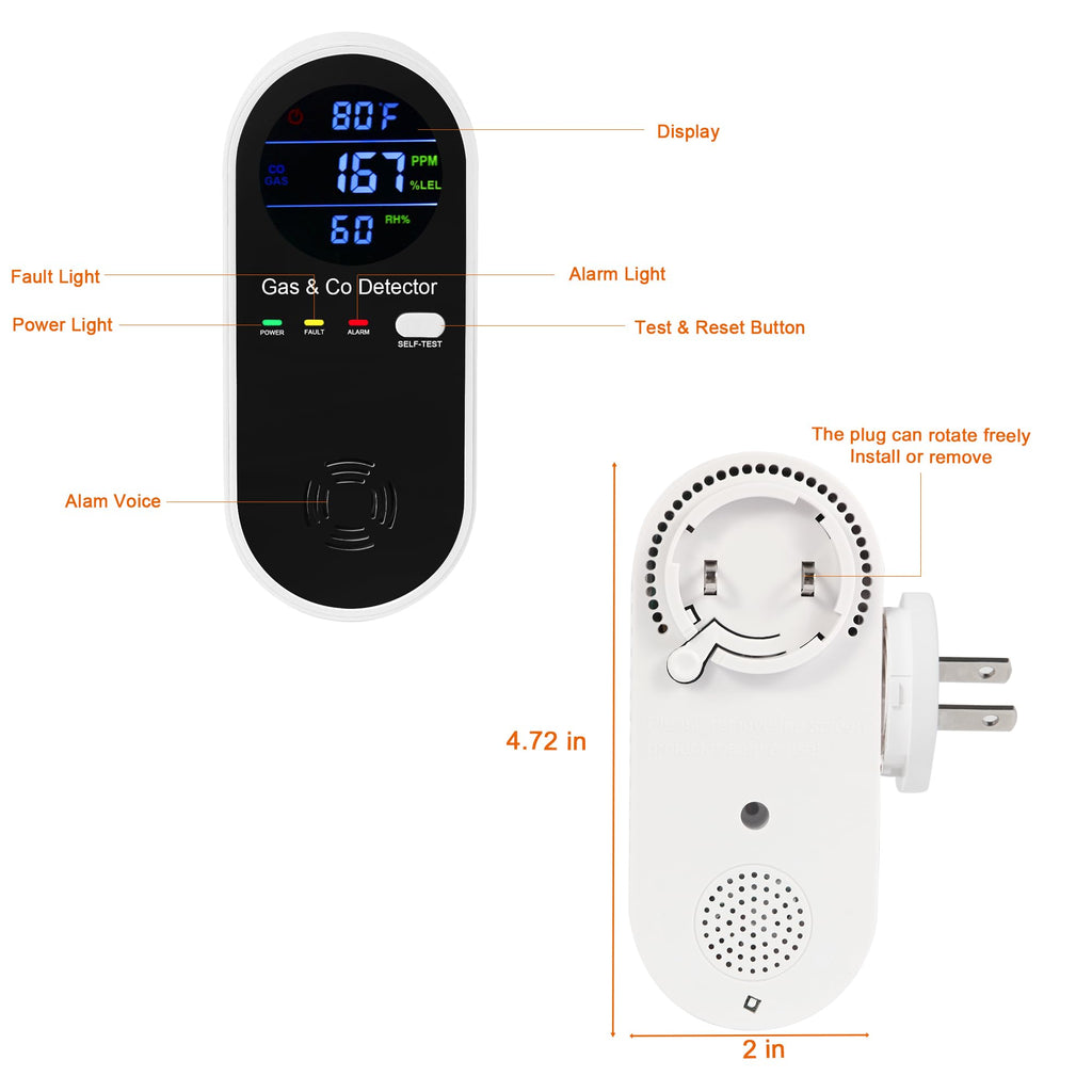 2 Packs Combination Gas & Carbon Monoxide Detector, 4-in-1 Natural Gas Detector & Carbon Monoxide Alarm with Temperature(°F) & Humidity,Propane & CO Detector for Home,RV,Apartment