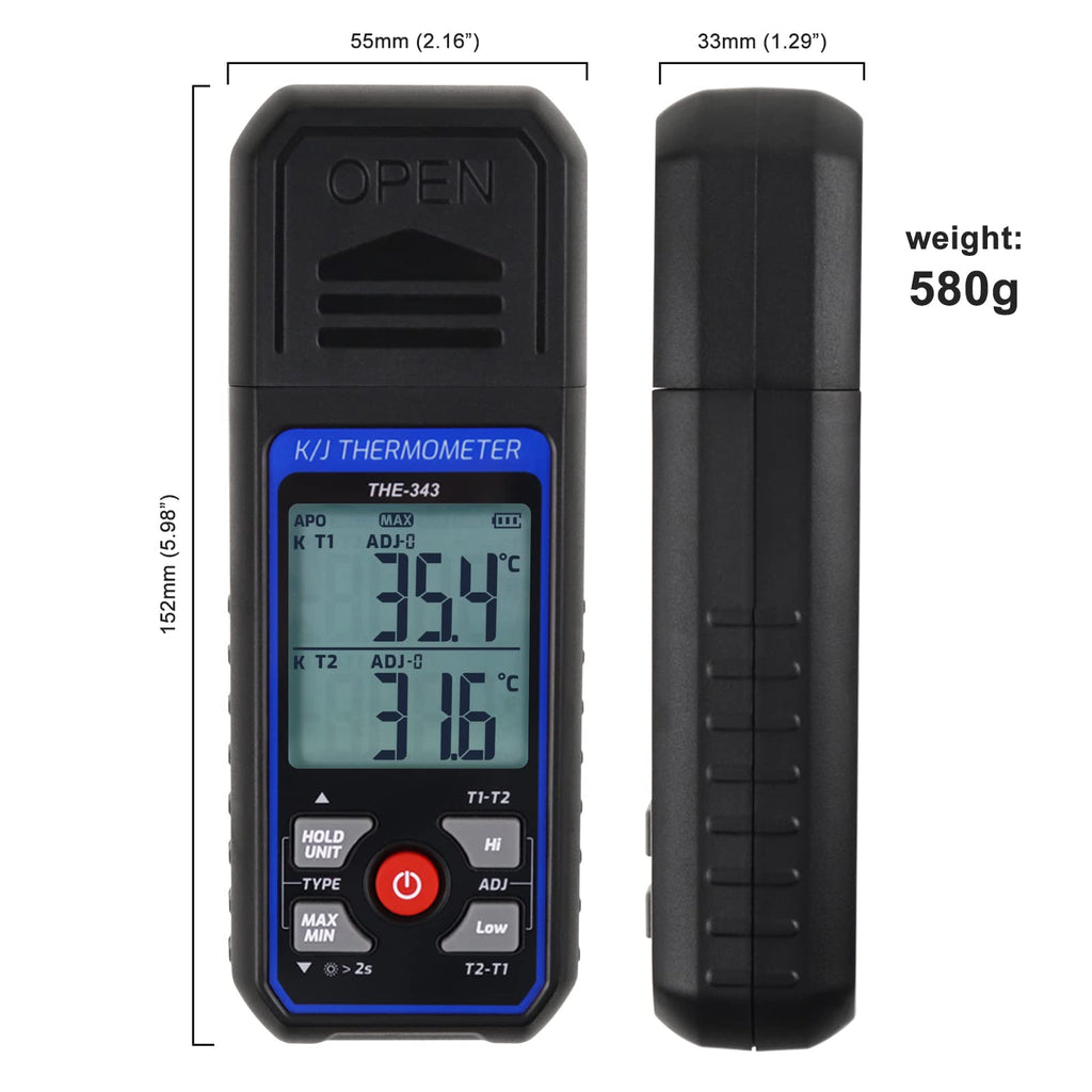 K/J Type Thermocouple Dual Channel Thermometer, T1-T2 Channel Temperature Measurement Wide Range Digital Thermometer with Backlight and Thermocouple Temperature Compensation