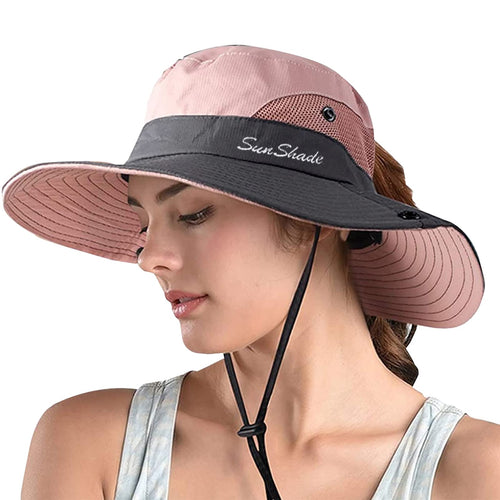 1 Pack Women's Ponytail Safari Sun Hat,Wide Brim UV Protection Outdoor Bucket Hat,Foldable Beach Summer Fishing Hat