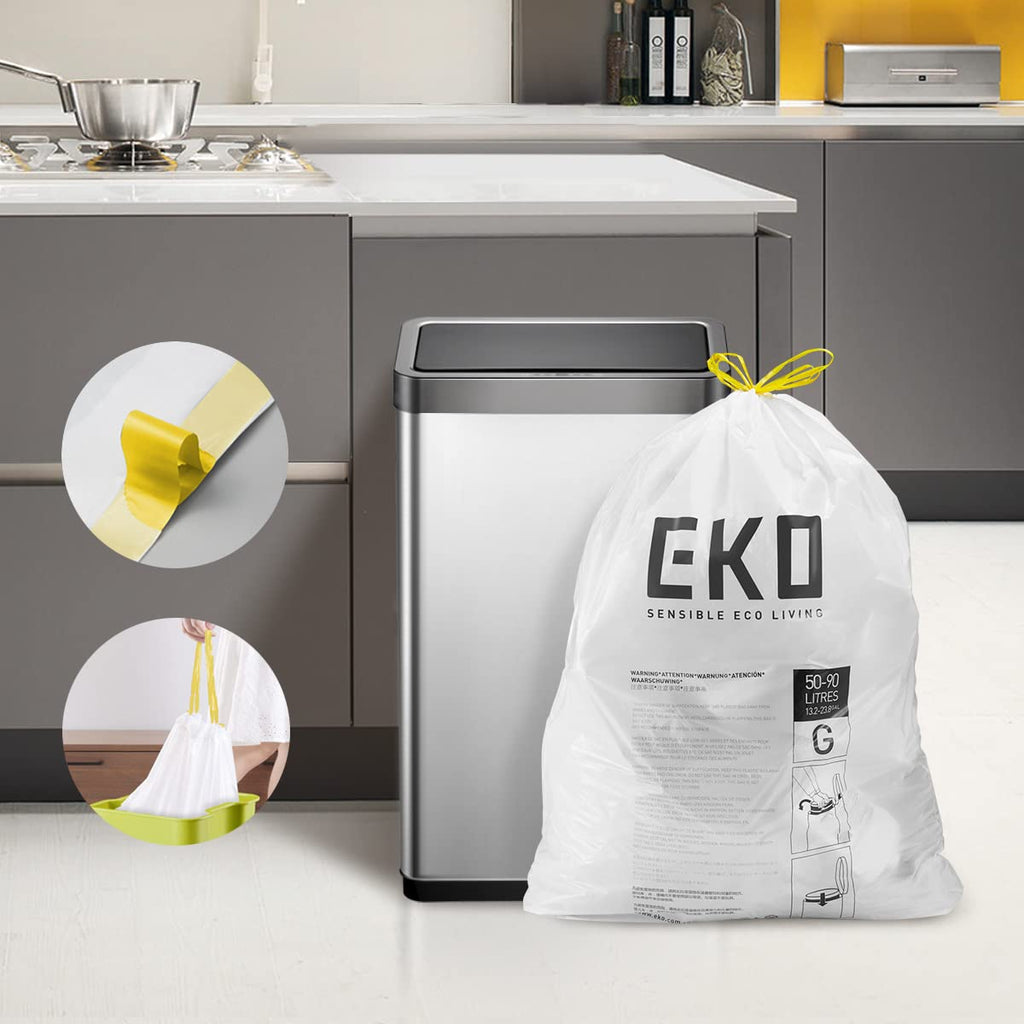 EKO Easy-Dispense Roll of 60 Count Extra-Strong Drawstring Kitchen Trash Bags - 21 Gallon Garbage Bags (79.5L) 60 pack, Code G