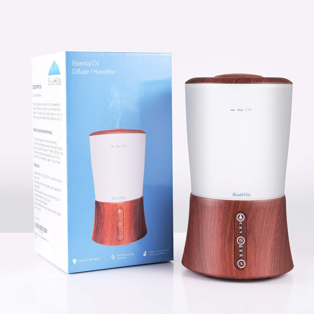 BlueHills Large 2000 ML XL Essential Oil Diffuser Aroma Humidifier 2 Liter Capacity for Big Living Room Home Baby Long Run XL Huge Coverage Area High Mist Timer Dark Wood Grain 2L S3