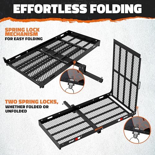 Mockins XL 60"x30"x5" Folding Hitch Cargo Carrier with Ramp | Heavy Duty Trailer Hitch Basket Cargo Carrier with Portable Wheelchair Ramp | 500 Lbs. Cap Weatherproof Steel Scooter Rack & Accessories
