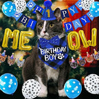 STMK Cat Birthday Party Supplies - Hat, Bandana, Bow Tie, Collar, Banner, Garland, Meow Letter Balloons, Kitten Outfits