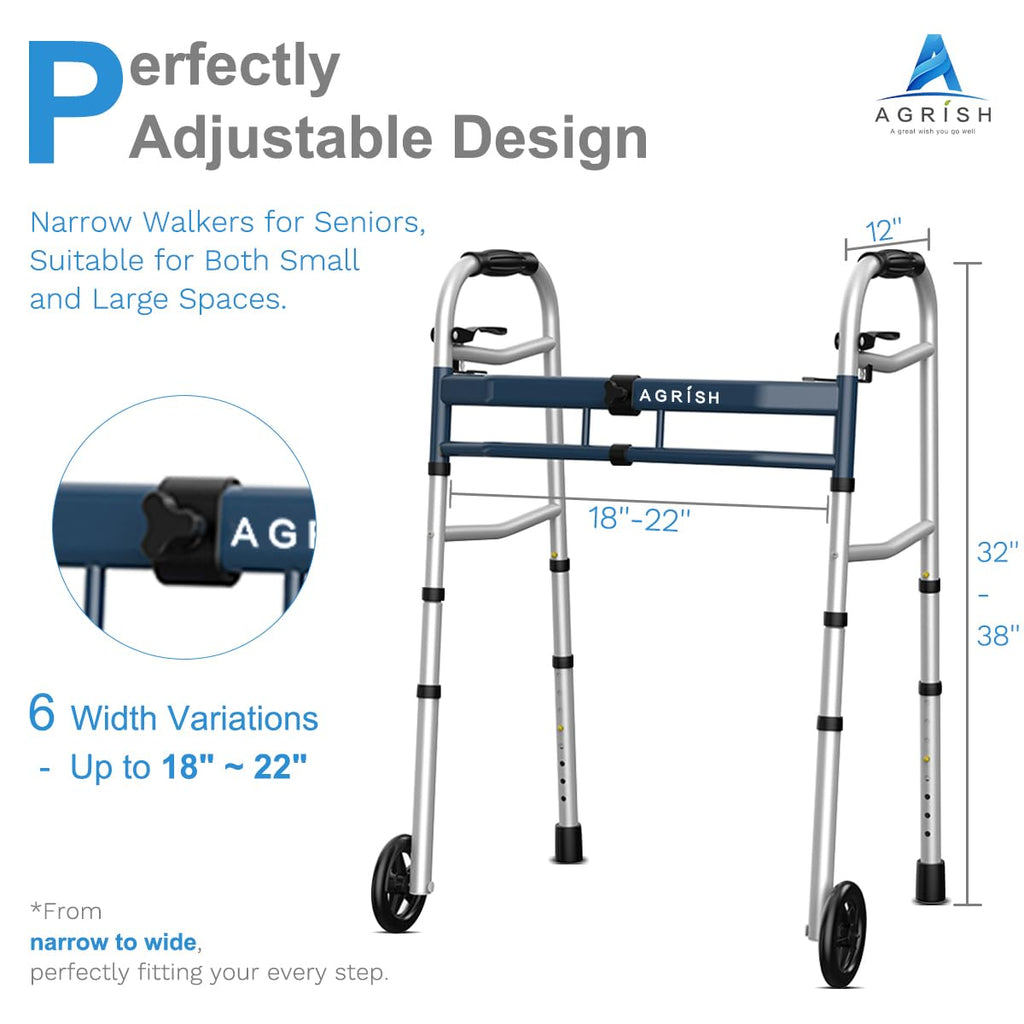 Agrish Narrow Walkers with Storage Bag - FSA/HSA Eligible Width Height Adjustable Walker, Lightweight Folding Walkers, Walkers for Seniors Handicapped & Disabled, Up to 350 lbs
