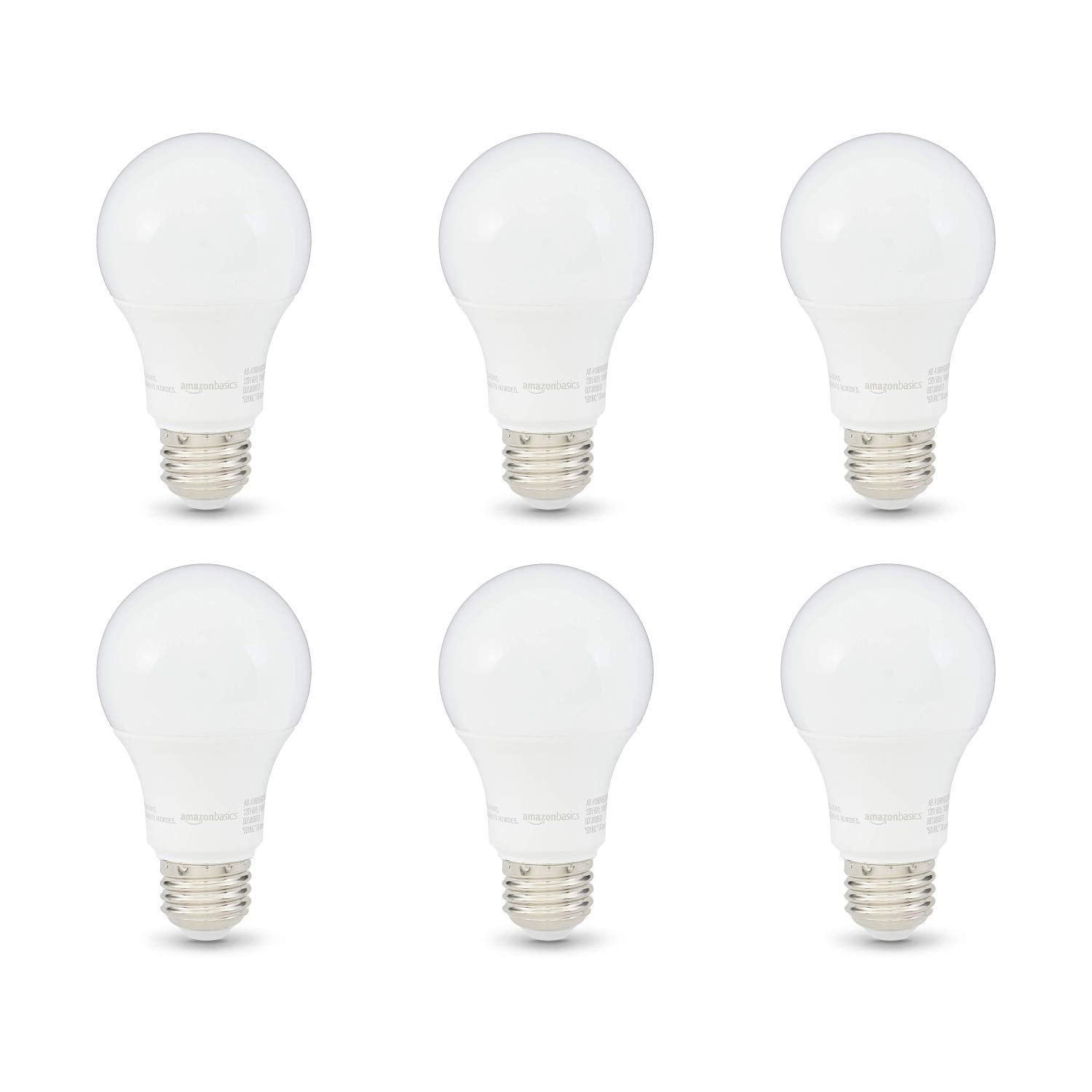 Amazon Basics A19 LED Light Bulb, 60 Watt Equivalent, Energy Efficient 12W, E26 Standard Base, Soft White 2700K, Dimmable, 10,000 Hour Lifetime , 6-Pack