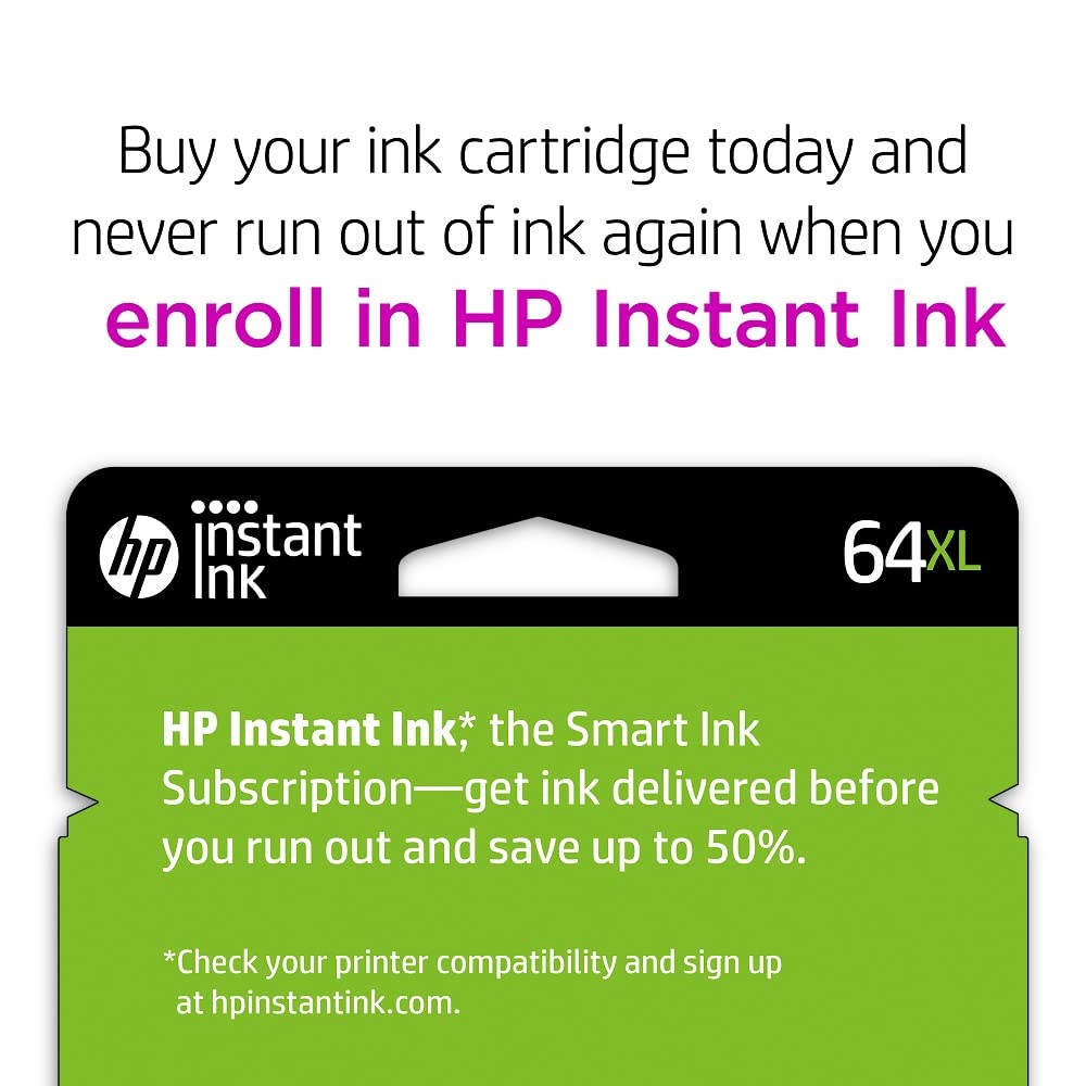 HP 64XL Black High-yield Ink Cartridge | Works with HP ENVY Inspire 7950e; ENVY Photo 6200, 7100, 7800; Tango Series | Eligible for Instant Ink | N9J92AN