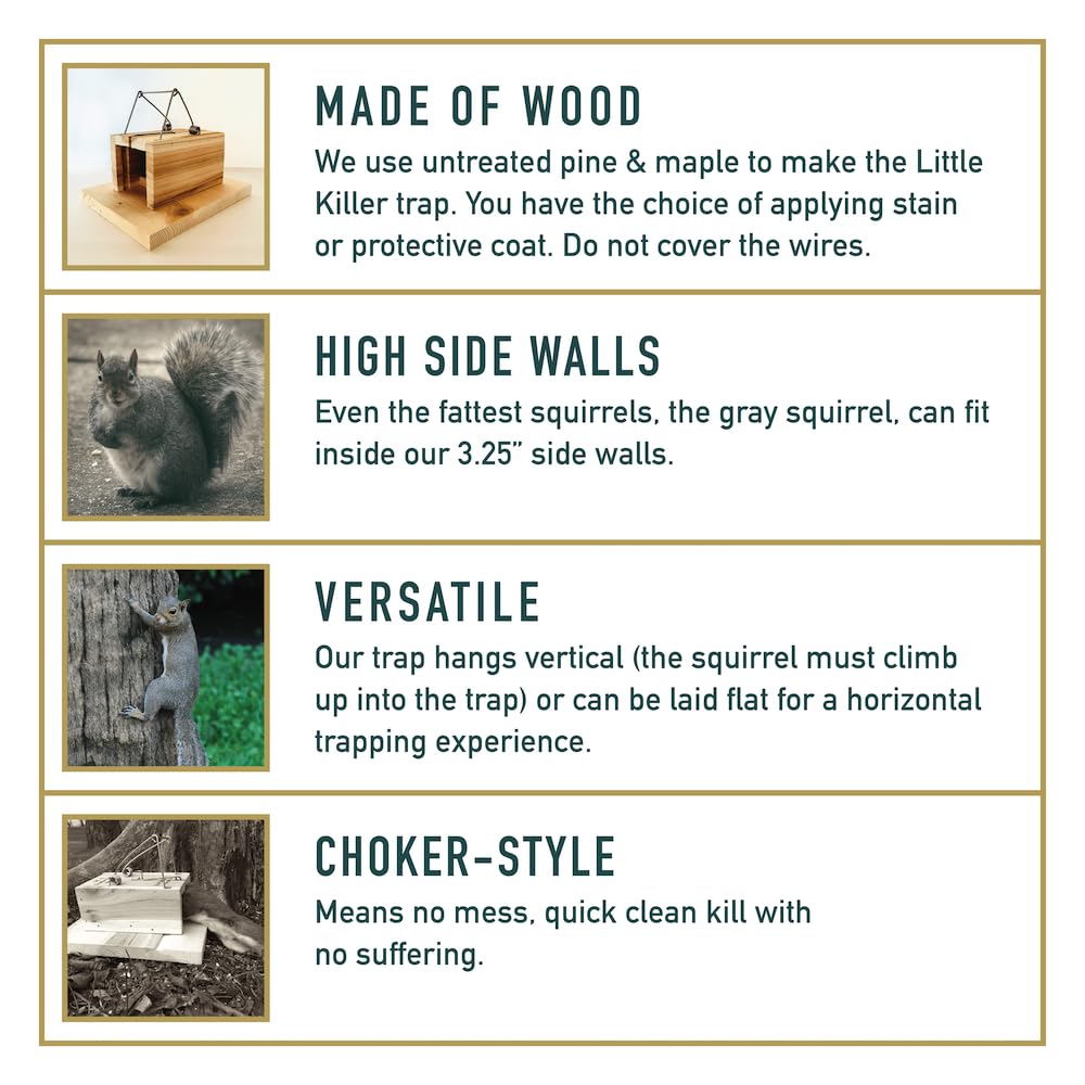 Little Killer Squirrel Trap for Squirrel & Chipmunk Removal in Homes Gardens Bird Feeders | Wood Choker Style Animal Traps for Yard Rodents | USA Made | Quick & Clean Kill Lethal Trap | Rust Resistant