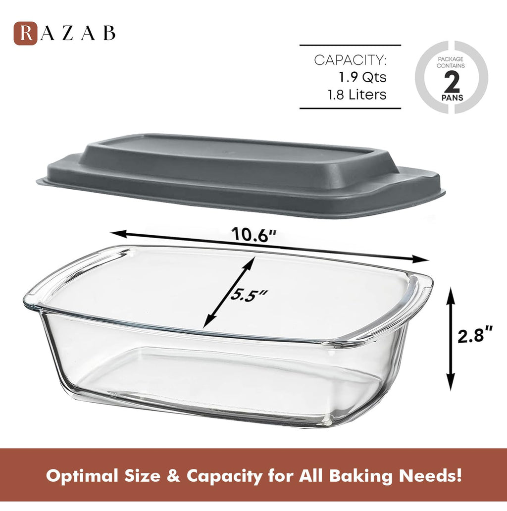 Razab LARGE 7.6 Cups/1800 ML/1.9 Qt Glass Loaf Pan with Lids (Set of 2) - Meatloaf Pan BPA free Airtight Lids Grip Handle Easy Carry, Microwave and Oven Safe - Loaf Pans For Baking Bread, Cakes