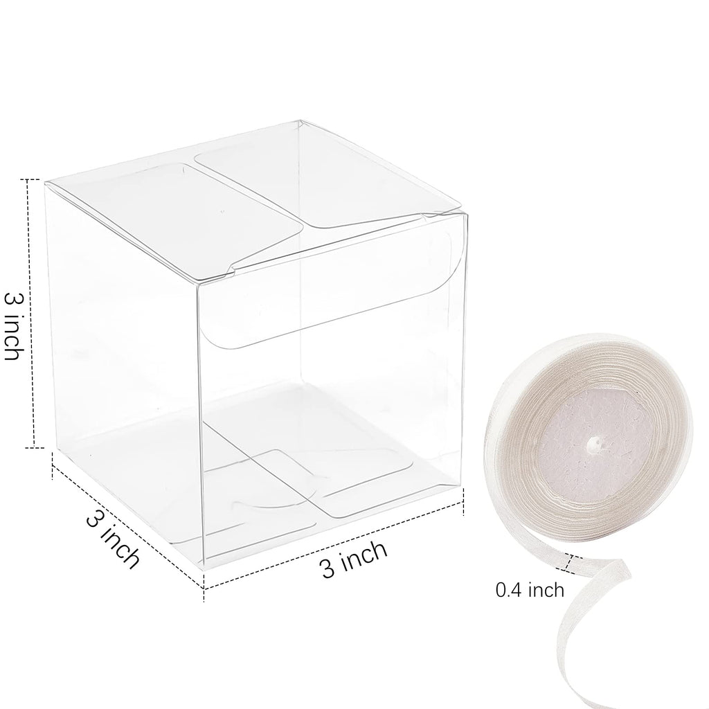 Jutieuo 45pcs Pack Clear Plastic Party Favor Boxes 2x2x2 Inches with Ribbons, Transparent Cube Treat Boxes for Candy Cupcake Goodie Gift, Individual Hot Cocoa Bomb Packaging Box