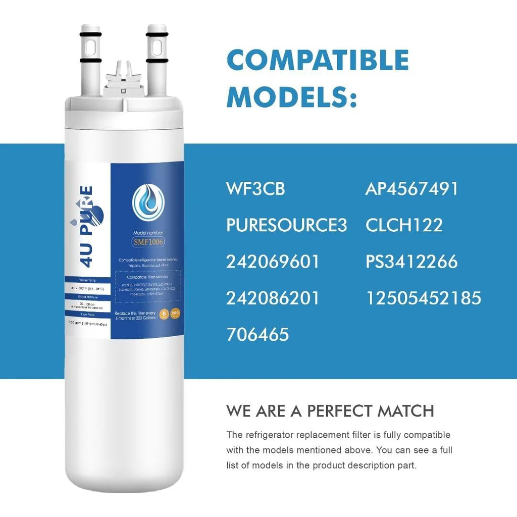 4U PURE Compatible with WF3CB Refrigerator Water Filter, Replacement for Pure Source 3, 706465, 242086201, 242086203, 242294501, 242069601, AP4567491, S3412266, WF425, Height 9 inches, 1 Pack