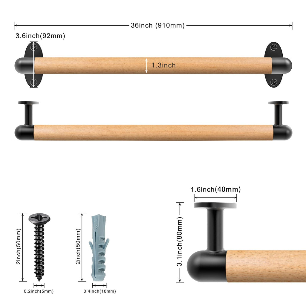 SELEWARE 36 Inch Wood Handrail Indoor Stairs Handrail Wall Mount Handrail w/Sturdy Metal Barckets, Barrier-Free Staircase Grab Bar for Elderly, 1.3 Inch Round