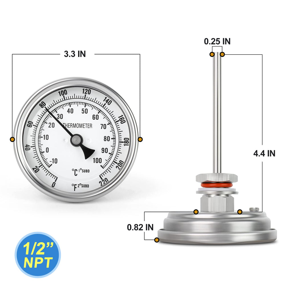 MEANLIN MEASURE 1/2" NPT Bimetal Thermometer for hot Water, boilers, and Pipes，3.3" Dial, 4.4" Stainless steel Stem，Temperature Range 0-220°F/-10-100 ° C, Accuracy 2%,Center Back Mount