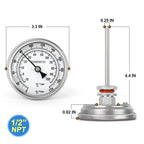 MEANLIN MEASURE 1/2" NPT Bimetal Thermometer for hot Water, boilers, and Pipes，3.3" Dial, 4.4" Stainless steel Stem，Temperature Range 0-220°F/-10-100 ° C, Accuracy 2%,Center Back Mount