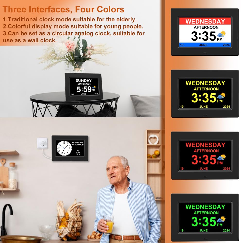 AINFTIME Digital Clock with Date and Day of Week for Elderly-12 Alarms Medication Reminder Dementia Alzheimers Clock Calendar with Extra Large Display (7 inch Black)