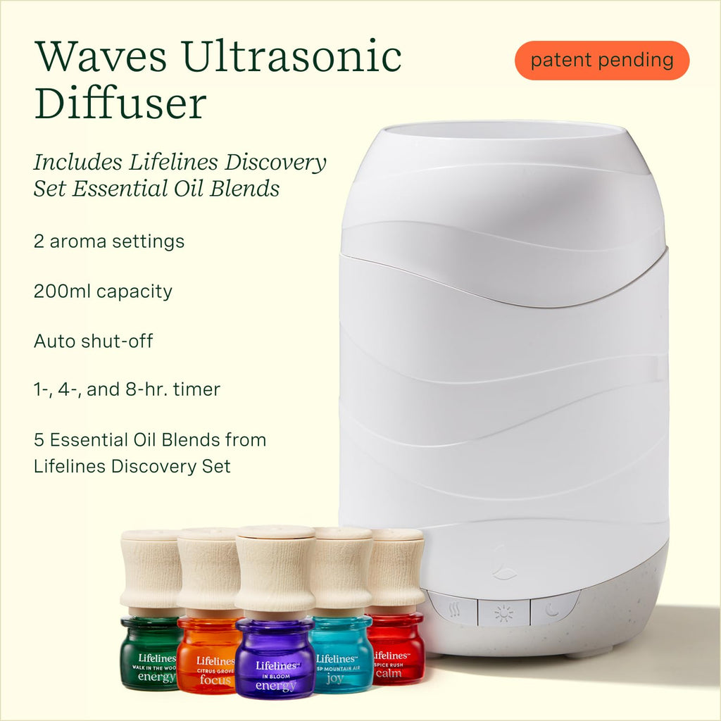 200 ML Waves Ultrasonic Diffuser with Cascading Mist + Essential Oil Discovery Set 5-Pack - 100% Pure Essential Oils & Sustainably Sources Botanicals - Natural - 7.5 ML Bottles
