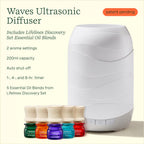 200 ML Waves Ultrasonic Diffuser with Cascading Mist + Essential Oil Discovery Set 5-Pack - 100% Pure Essential Oils & Sustainably Sources Botanicals - Natural - 7.5 ML Bottles