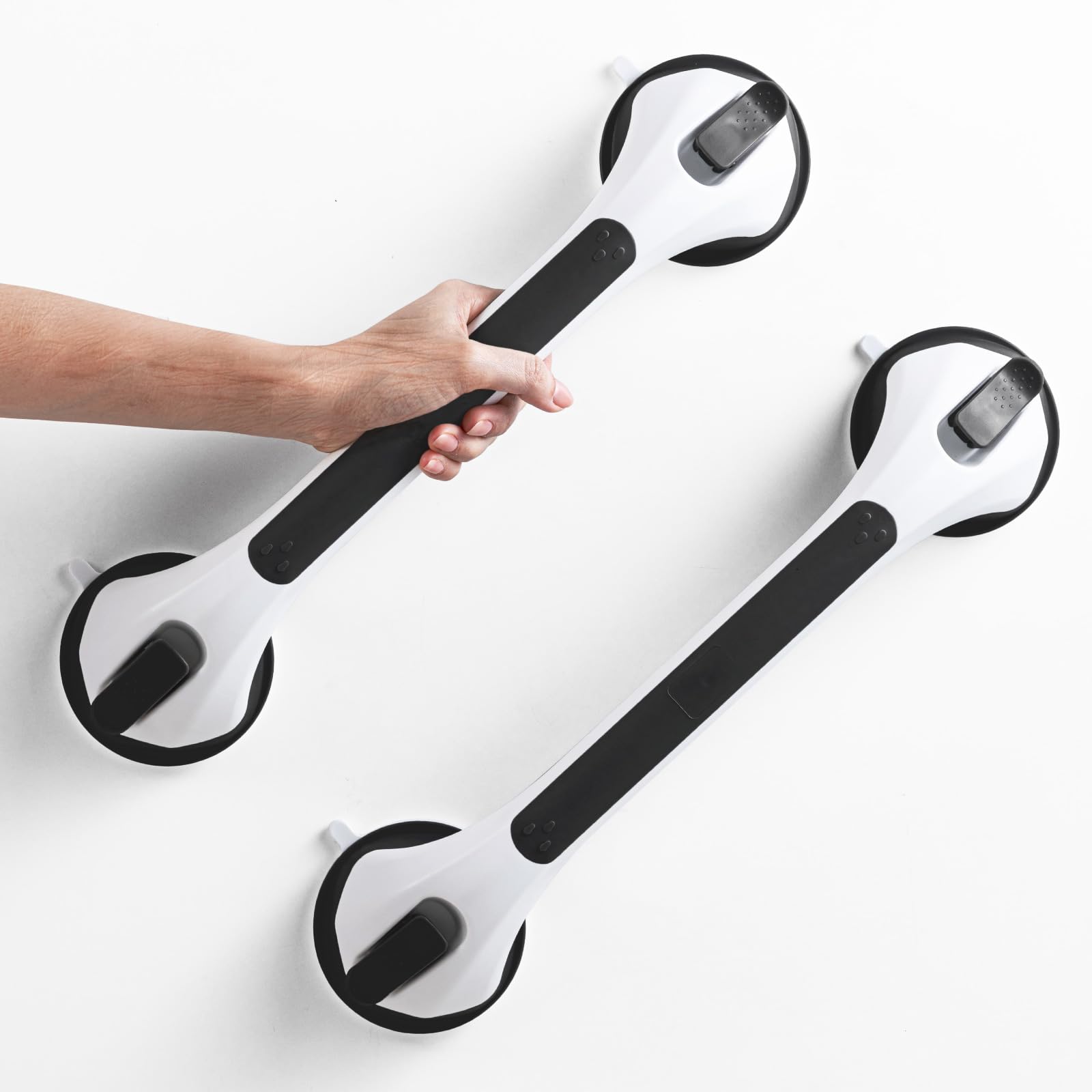 LEVERLOC 2 Pack Shower Grab Bars for Bathtubs and Showers, Easy to Install Suction Shower Handles for Bathroom Removable Handrails for Seniors Elderly Safety Grip Waterproof Drill Free Black