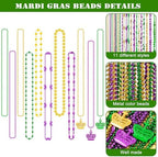 100PCS Mardi Gras Accessories, 11 Kinds Mardi Gras Beads Coins Mask Shape Necklace, Metallic Green Purple Gold Beads Parade Throw Costumes, Festival Carnivals Celebration Events Party Throws Supplies