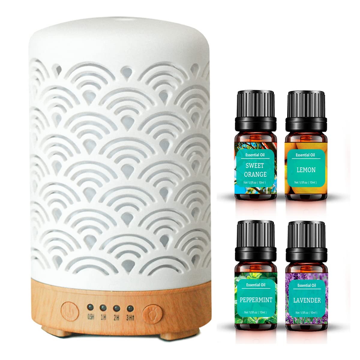Ceramic Ultrasonic 100ml Aromatherapy Diffuser with Lavender Lemon Orange Peppermint Essential Oils Handcrafted Mist Humidifier Diffuser 7 LED Colors Changing Lights for Home Office