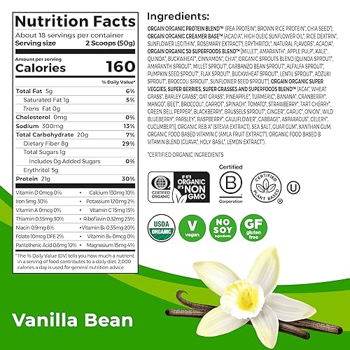 Orgain Organic Protein + Superfoods Powder, Vanilla Bean - 21g of Protein, Vegan, Plant Based, 8g of Fiber, No Dairy, Gluten, Soy or Added Sugar, Non-GMO, 1.12lb