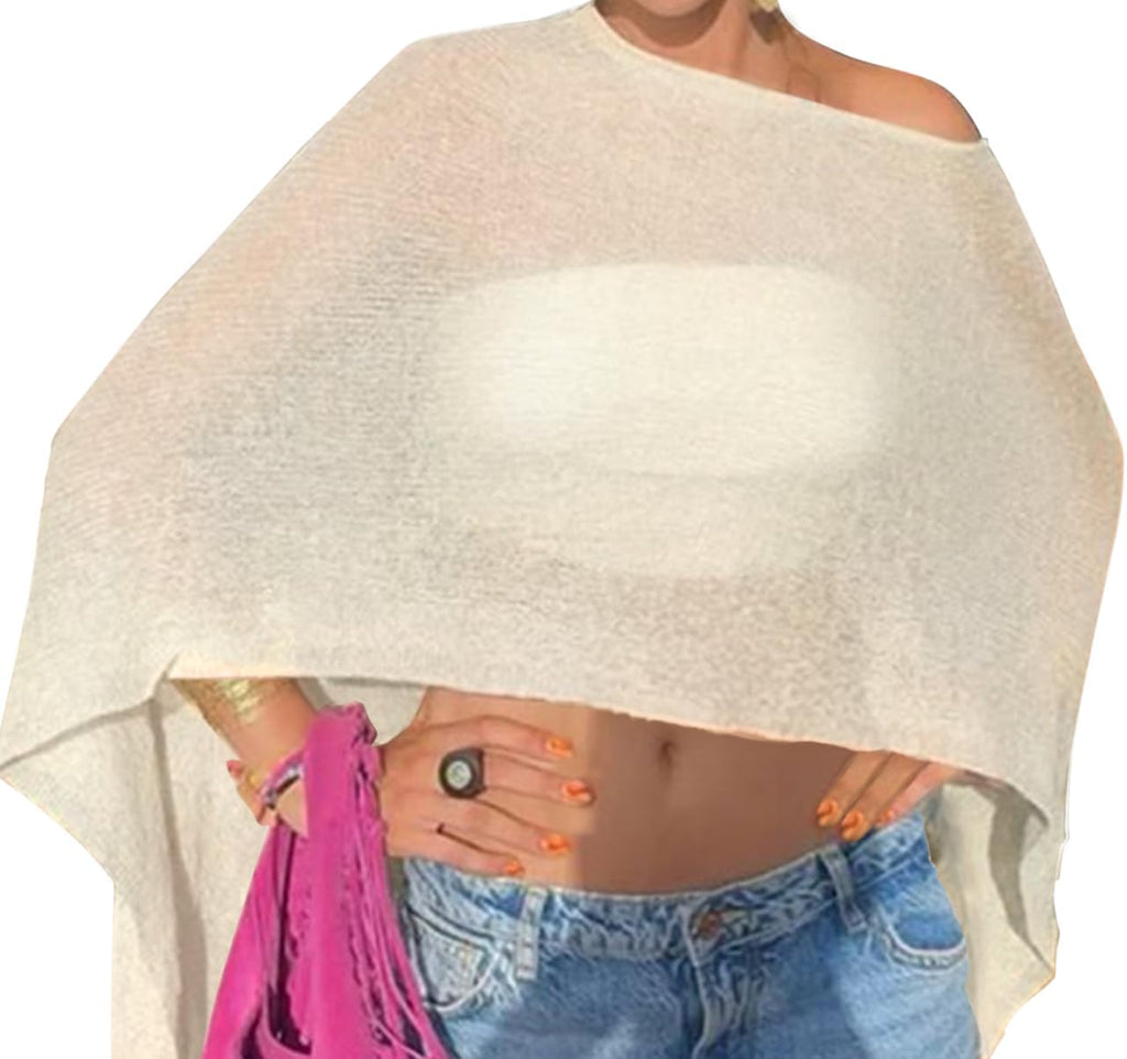 Off The Shoulder Sheer Crochet Vacation Outfits Poncho Sweater Top Summer Beach Cover Up Women See Though Thru Festival Shawls Bolero Shrug Rave Resort Going Out Wear Swimsuit Beige Medium
