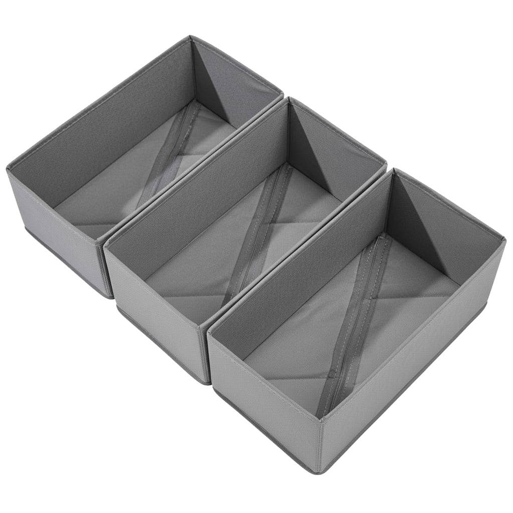 Sock Drawer Organizer 3 Pack - Collapsible Fabric Storage Bins for Underwear Divider, Small Closet Organizers with 3 Compartments, Gray