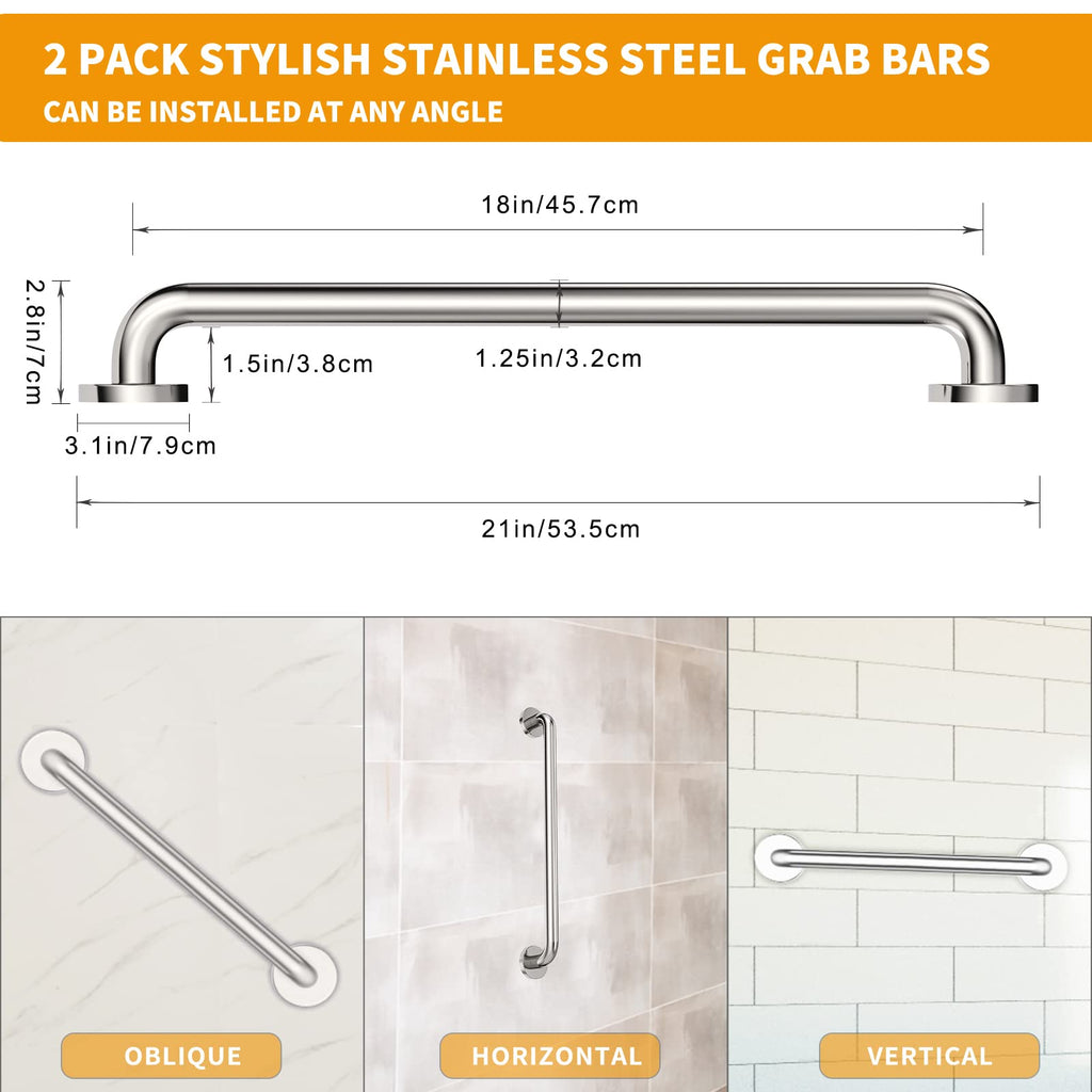 2 Pack Grab Bars for Bathroom, 18 Inch Chrome Stainless Steel Shower Grab Bar, Concealed Screw Balance Assist Safety Bath Handrail, 500lbs Support Shower Handle for Handicap, Elderly, Injury