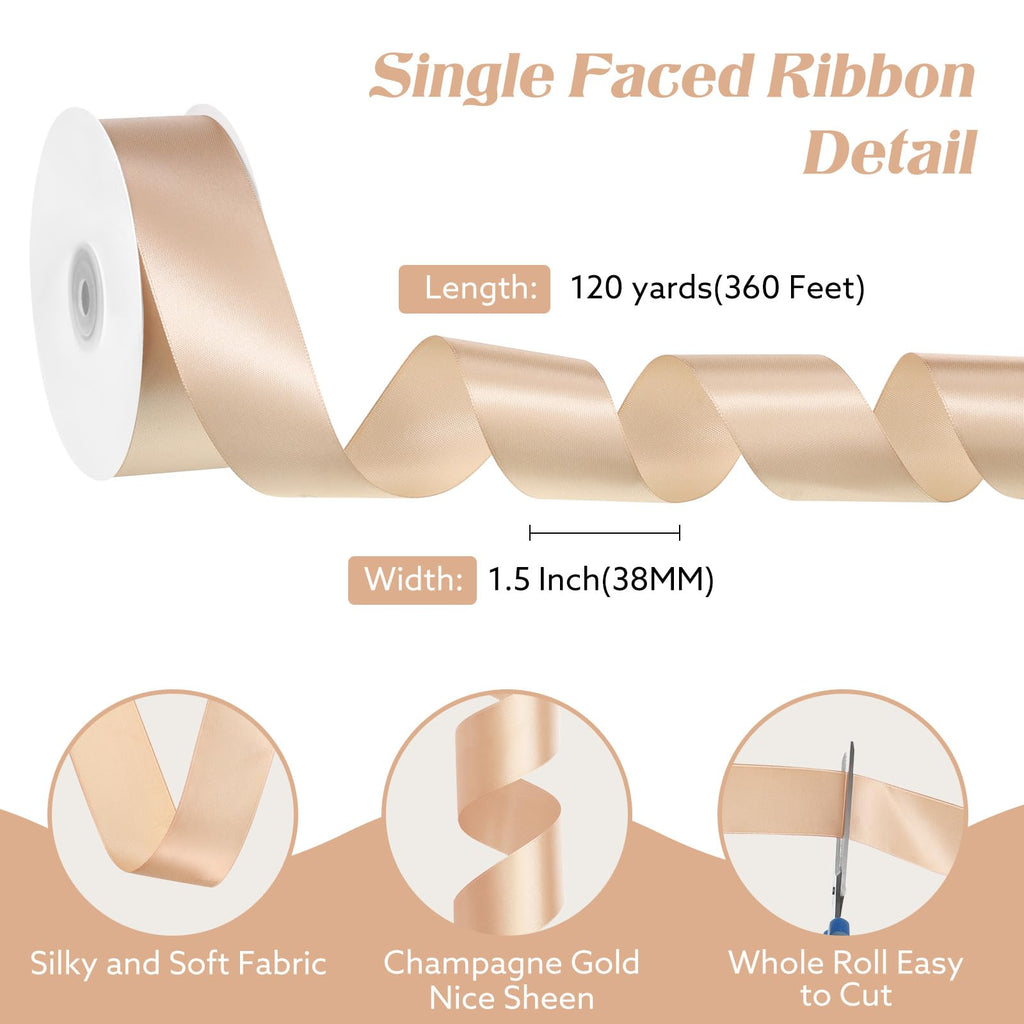 Champagne Gold Satin Ribbon 120 Yards 1-1/2 Inch Gold Ribbon Stocking Stuffers for Gift Wrapping Fall Decor Flower Bouquet Wedding Invitation Party Christmas Decorations