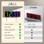 JALL 12'' Large Digital Wall Clock with Remote Control, Big LED Screen Dispaly, 8 RGB Colors, DST, Night Light for Living Room, Bedroom, Gift for Elderly (White)