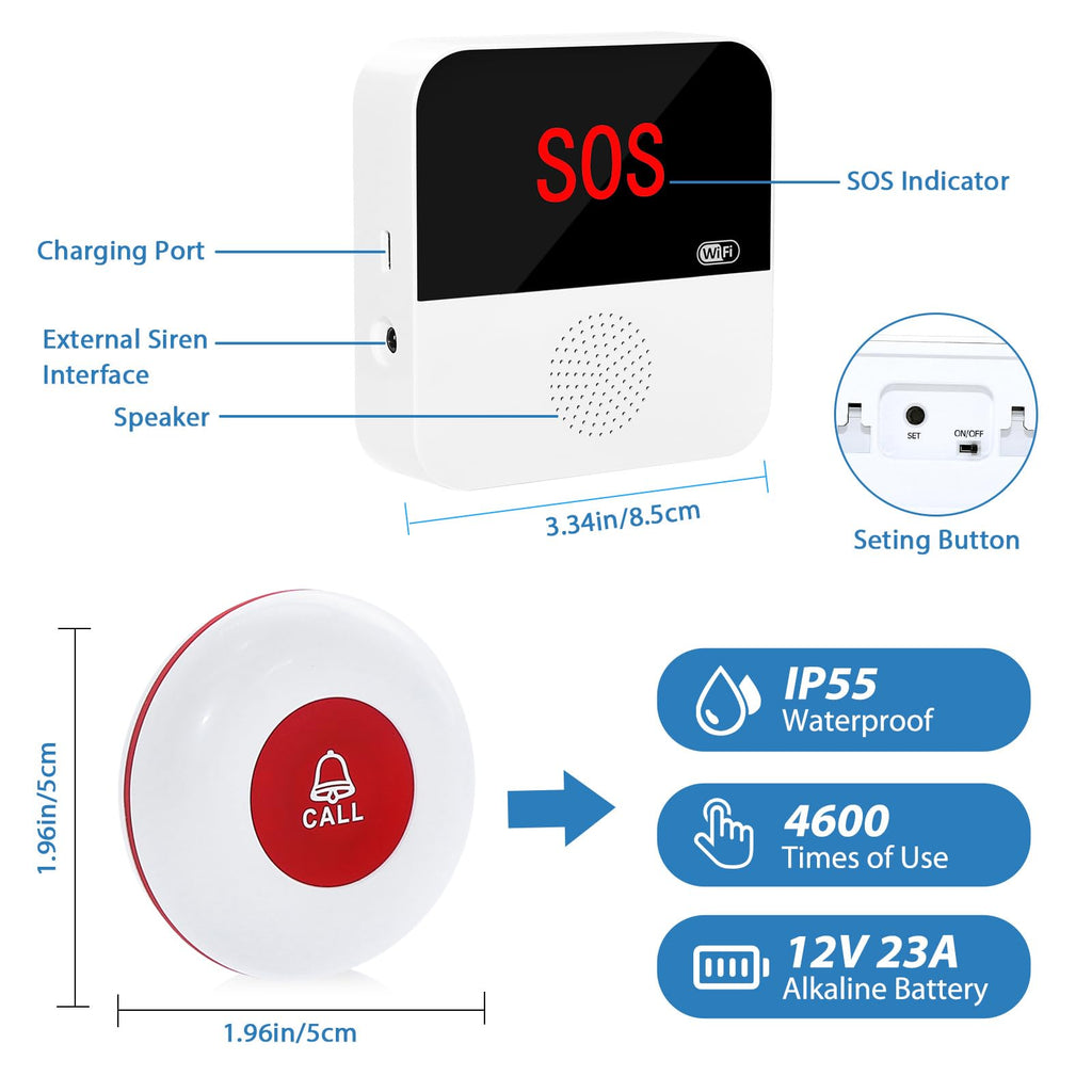 WiFi Rechargable Smart Wireless Caregiver Pager Call Button System Nurse Calling Alert System for Elderly Patient Seniors Disabled Kids 2 SOS Panic Buttons 1 Receiver (only Supports 2.4GHz Wi-Fi)
