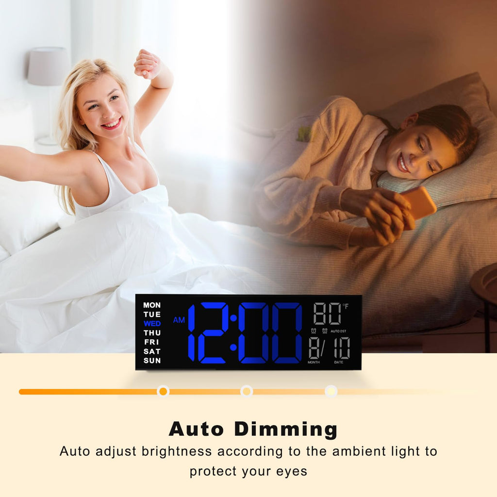 JALL 16" Large Digital Wall Clock Timer, Remote Controll, 2 Alarms, LED Display, 8 RGB Color, Auto DST, Temperature for Living Room, Bedroom, Desk, Mounted, Gift for Elderly (Blue White, 16 inches)