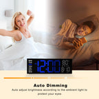 JALL 16" Large Digital Wall Clock Timer, Remote Controll, 2 Alarms, LED Display, 8 RGB Color, Auto DST, Temperature for Living Room, Bedroom, Desk, Mounted, Gift for Elderly (Blue White, 16 inches)