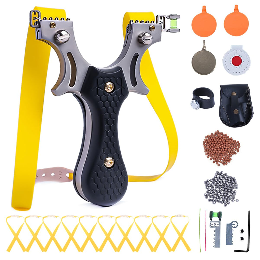 Outdoor Professional Solid Slingshot Set for Hunting Stainless Steel High Velocity Catapult Sling Shot for Adults with 1 Ammo Pouch 100 Slingshots Ammo Balls & 10 Rubber Bands & 4 Target
