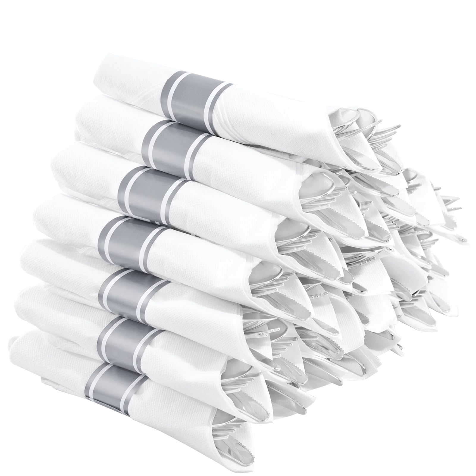 Supernal 30 Pack Silver Plastic Silverware,Rolled Plastic Silverware,Pre Rolled Napkins with Plastic Cutlery Set,Wrapped Plastic Cutlery Set with Napkin,Silver Plastic Forks,Disposable Dinnerware Set
