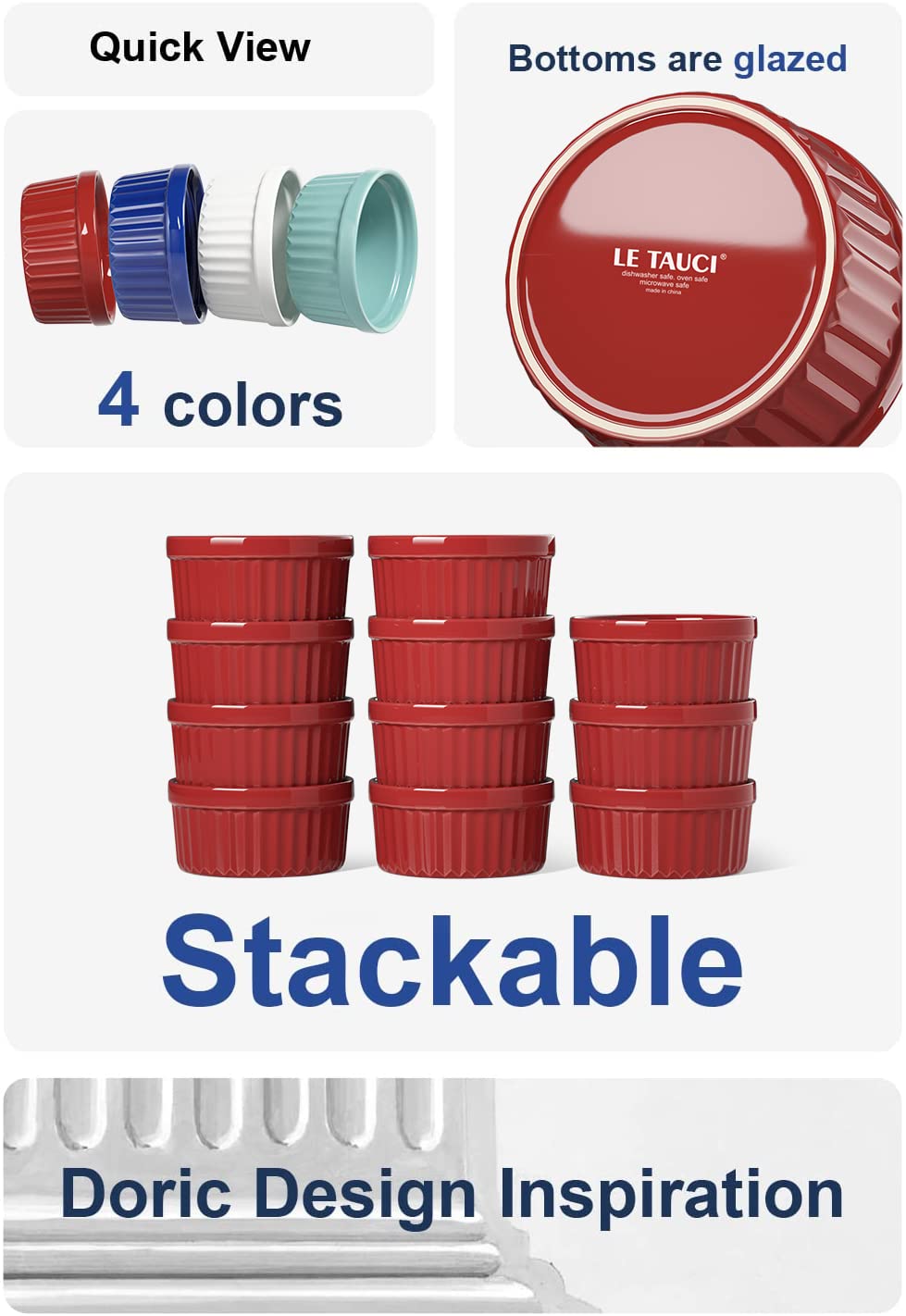 LE TAUCI Ramekins 4 OZ Oven Safe, Creme Brulee Ramekins, Pudding Custard Cups Souffle Ramiken, Dipping Sauce Dishes, Ceramic Ramekin Bowls Set of 6, True Red